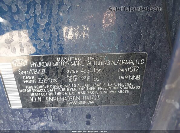 5NPEH4J28NH141723 2022 HYUNDAI SONATA Blue 