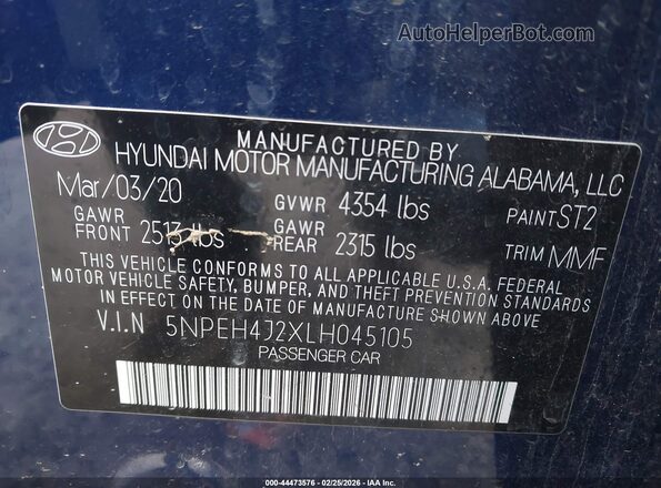 5NPEH4J2XLH045105 2020 HYUNDAI SONATA Blue 