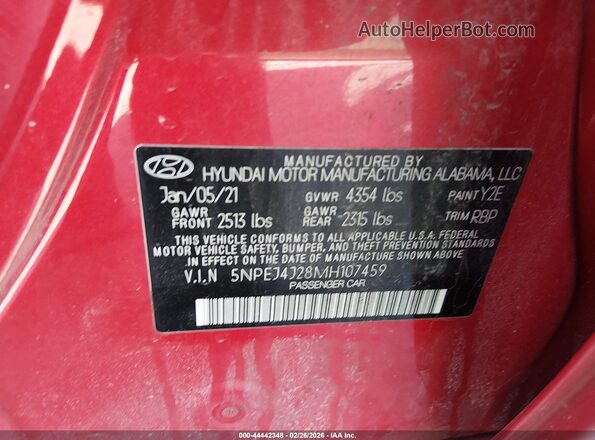 5NPEJ4J28MH107459 2021 HYUNDAI SONATA Red Engine compartment view