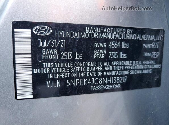 5NPEK4JC8NH138217 2022 HYUNDAI SONATA Silver VIN კოდის სტიკერის ხედი