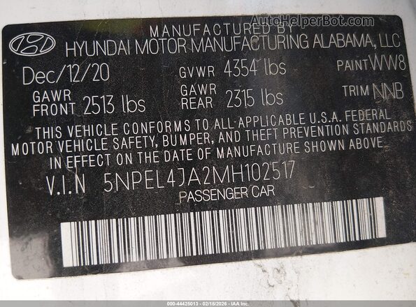5NPEL4JA2MH102517 2021 HYUNDAI SONATA White 