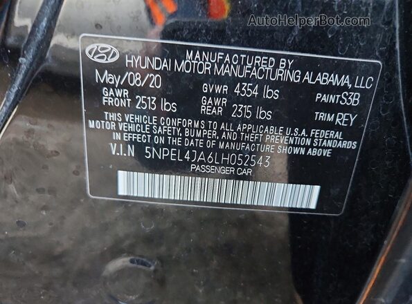 5NPEL4JA6LH052543 2020 HYUNDAI SONATA Black 