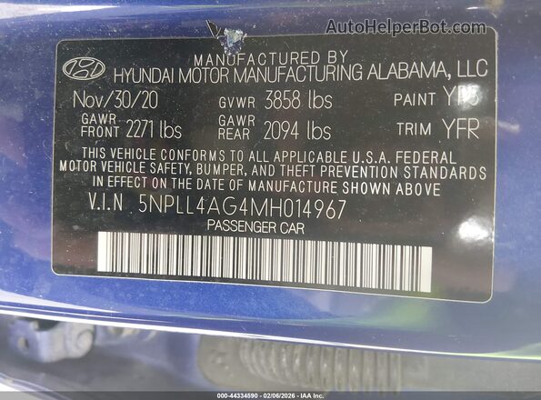 5NPLL4AG4MH014967 2021 HYUNDAI ELANTRA Blue Вид підкапотного простору