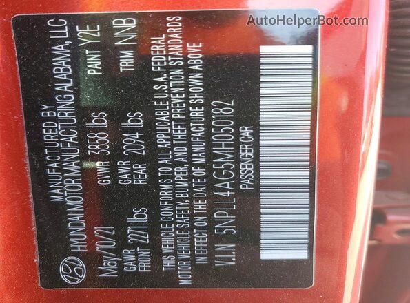 5NPLL4AG5MH050182 2021 HYUNDAI ELANTRA Red Շարժիչի բաժամունքի տեսք