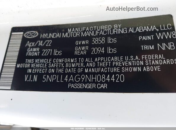 5NPLL4AG9NH084420 2022 HYUNDAI ELANTRA White ძრავის განყოფილების ხედი
