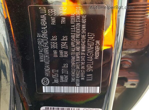 5NPLL4AGXNH072437 2022 HYUNDAI ELANTRA Black VIN sticker view
