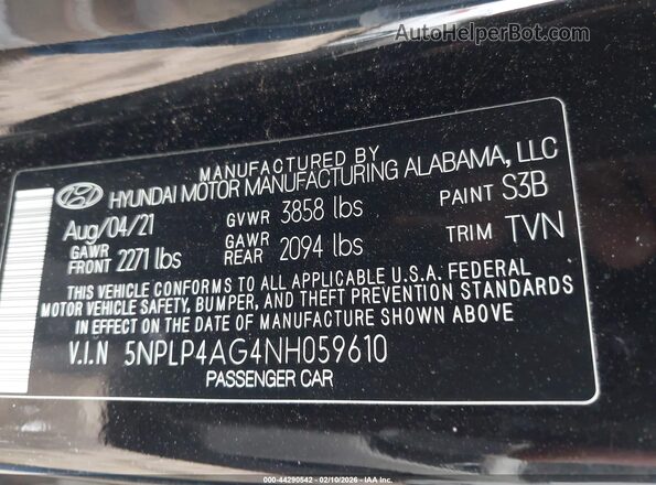 5NPLP4AG4NH059610 2022 HYUNDAI ELANTRA Black Widok komory silnika