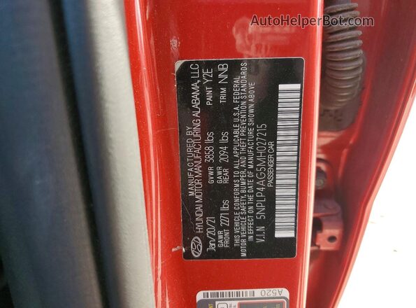 5NPLP4AG5MH027215 2021 HYUNDAI ELANTRA Red VIN კოდის სტიკერის ხედი