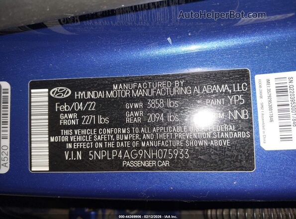 5NPLP4AG9NH075933 2022 HYUNDAI ELANTRA Синий 
