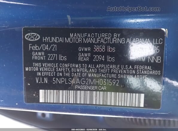 5NPLS4AG2MH031592 2021 HYUNDAI ELANTRA Blue Vista del compartimento del motor