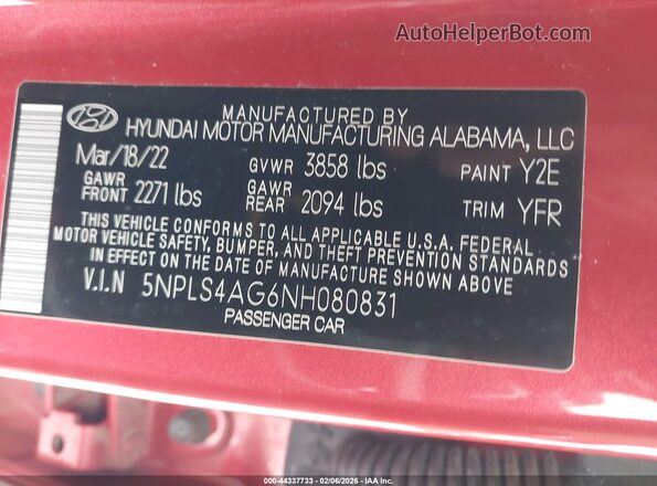 5NPLS4AG6NH080831 2022 HYUNDAI ELANTRA Red Вид підкапотного простору