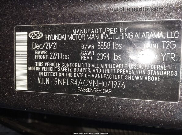 5NPLS4AG9NH071976 2022 HYUNDAI ELANTRA Gray ძრავის განყოფილების ხედი