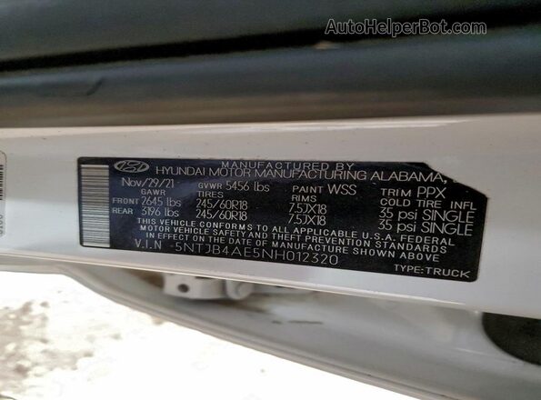 5NTJB4AE5NH012320 2022 HYUNDAI SANTA White VIN կոդի պիտակի տեսք