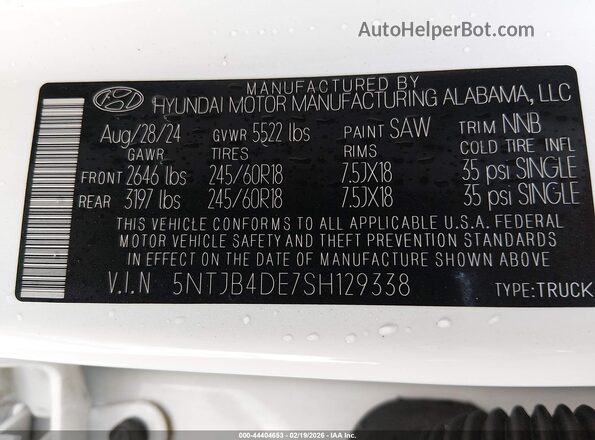 5NTJB4DE7SH129338 2025 HYUNDAI SANTA CRUZ White 