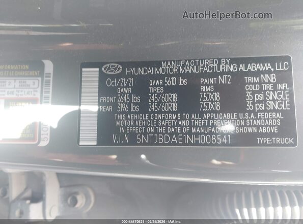 5NTJBDAE1NH008541 2022 HYUNDAI SANTA CRUZ Gray Շարժիչի բաժամունքի տեսք