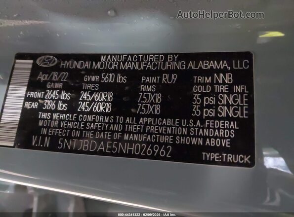 5NTJBDAE5NH026962 2022 HYUNDAI SANTA CRUZ Gray ძრავის განყოფილების ხედი