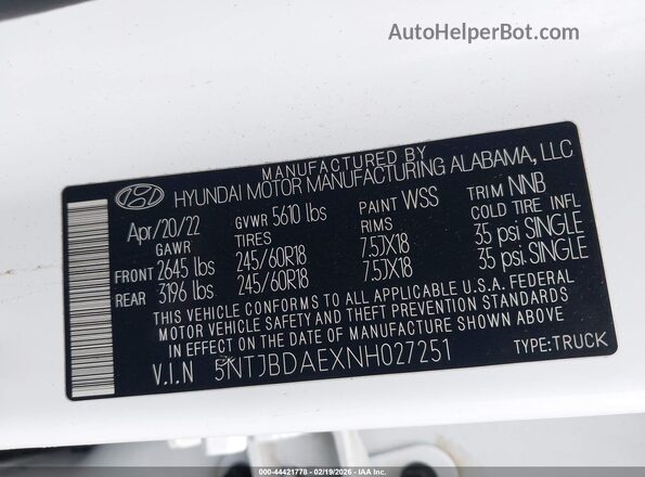 5NTJBDAEXNH027251 2022 HYUNDAI SANTA CRUZ White Widok komory silnika