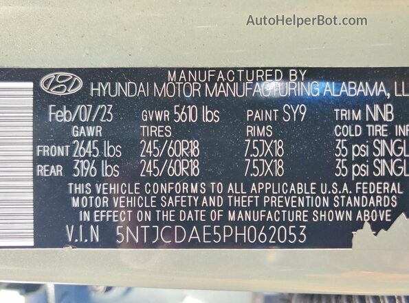 5NTJCDAE5PH062053 2023 HYUNDAI SANTA Green VIN sticker view