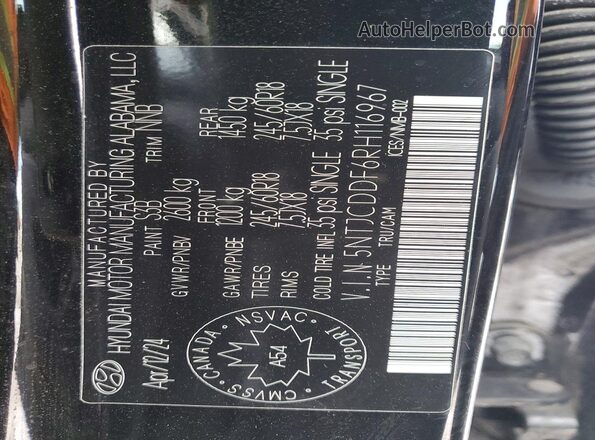 5NTJCDDF6RH116967 2024 HYUNDAI SANTA Black Vista de la etiqueta del VIN