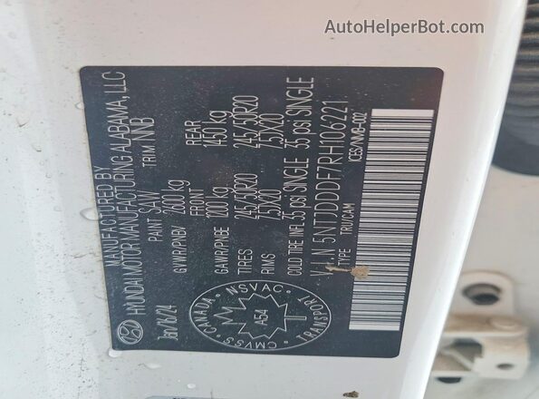 5NTJDDDF7RH106221 2024 HYUNDAI SANTA White VIN კოდის სტიკერის ხედი