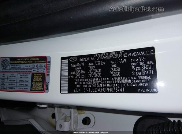 5NTJEDAF0PH073741 2023 HYUNDAI SANTA CRUZ White Vista del compartimento del motor