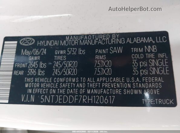 5NTJEDDF7RH120617 2024 HYUNDAI SANTA CRUZ White 