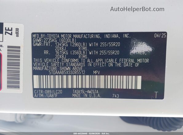 5TDAAAB5XSS085512 2025 TOYOTA LIMITED White ძრავის განყოფილების ხედი