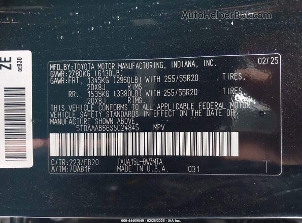 5TDAAAB66SS024845 2025 LEXUS TX 350 Black Вид підкапотного простору