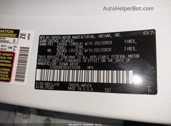 5TDADAB58SS014008 2025 TOYOTA LIMITED White Շարժիչի բաժամունքի տեսք