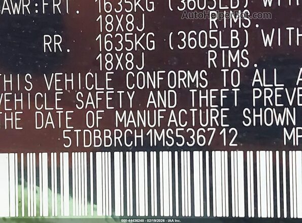 5TDBBRCH1MS536712 2021 TOYOTA LE Серый Вид подкапотного пространства