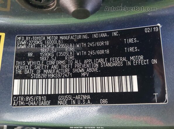 5TDBZRFH9KS972471 2019 TOYOTA LE Blue ძრავის განყოფილების ხედი