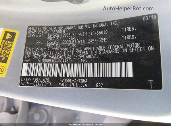 5TDDGRFHXJS044617 2018 TOYOTA LIMITED Gray Engine compartment view