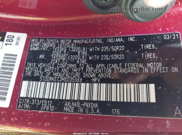 5TDDRKEC2MS035583 2021 TOYOTA SIENNA Burgundy Вид підкапотного простору