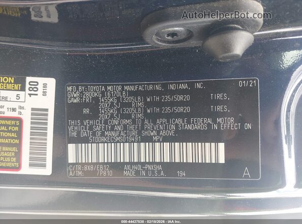 5TDDRKEC5MS019491 2021 TOYOTA SIENNA Dark Blue Вид подкапотного пространства