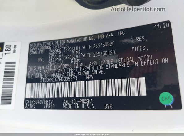 5TDDRKEC7MS005513 2021 TOYOTA SIENNA White Вид підкапотного простору
