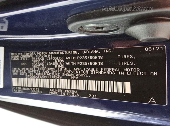 5TDDSKFC5MS030249 2021 TOYOTA SIENNA Blue Вид наклейки з VIN-кодом