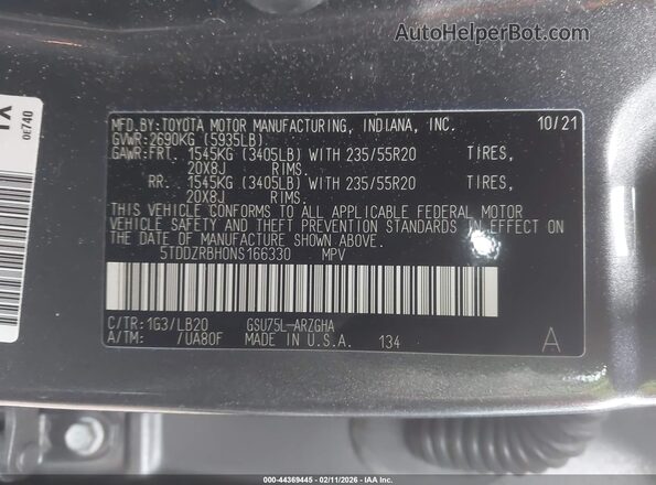 5TDDZRBH0NS166330 2022 TOYOTA LIMITED Gray Շարժիչի բաժամունքի տեսք