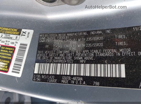 5TDFZRAHXMS041022 2021 TOYOTA HIGHLANDER Gray Շարժիչի բաժամունքի տեսք