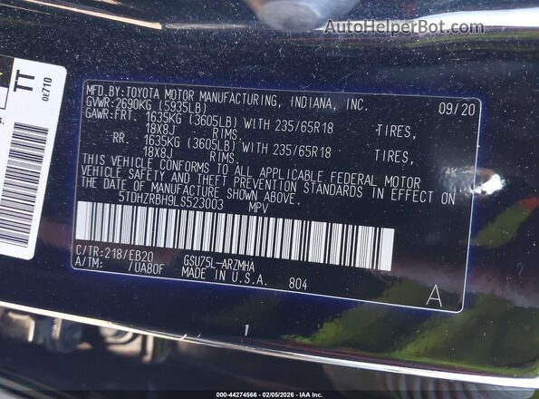 5TDHZRBH9LS523003 2020 TOYOTA LE Black Engine compartment view