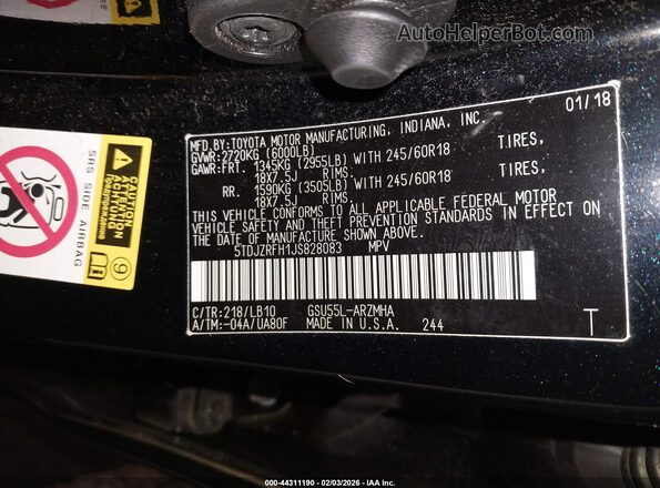 5TDJZRFH1JS828083 2018 TOYOTA LE Black Вид підкапотного простору