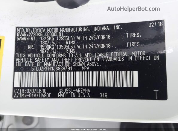5TDJZRFH1JS838791 2018 TOYOTA LE Белый Вид подкапотного пространства