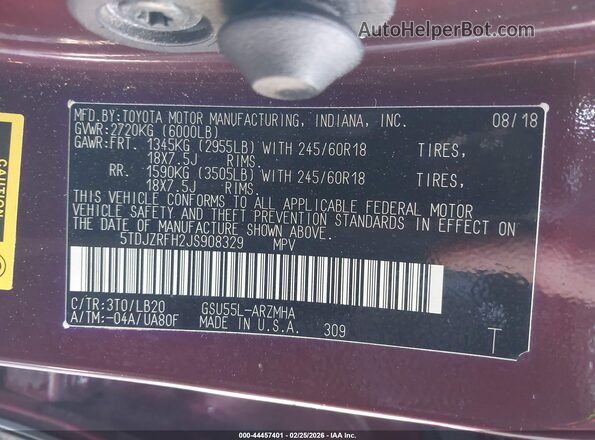 5TDJZRFH2JS908329 2018 TOYOTA LE Burgundy ძრავის განყოფილების ხედი