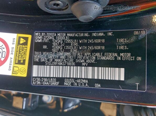 5TDJZRFH8KS718696 2019 TOYOTA HIGHLANDER Black Widok naklejki z numerem VIN