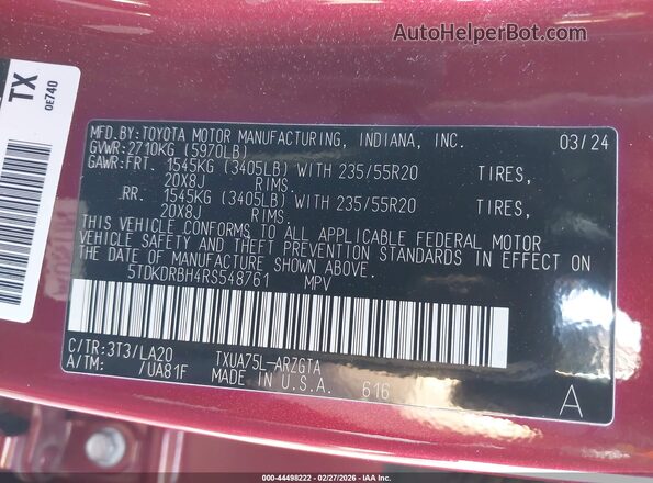 5TDKDRBH4RS548761 2024 TOYOTA HIGHLANDER Red Вид підкапотного простору