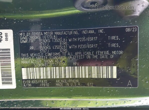 5TDKRKEC2PS173054 2023 TOYOTA LE Green Շարժիչի բաժամունքի տեսք