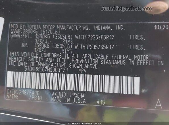 5TDKRKEC7MS003171 2021 TOYOTA LE Черный Вид подкапотного пространства