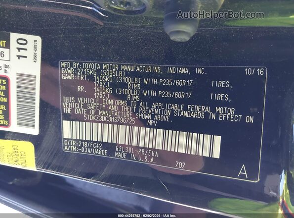 5TDKZ3DC3HS796725 2017 TOYOTA LE Black Vista del compartimento del motor
