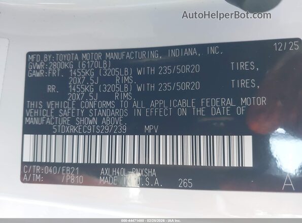 5TDXRKEC9TS297239 2026 TOYOTA SIENNA White Շարժիչի բաժամունքի տեսք