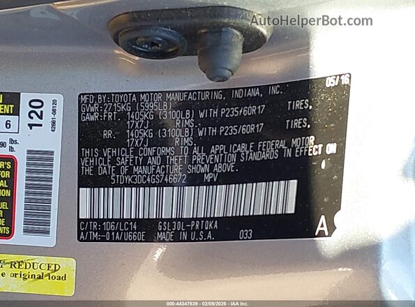 5TDYK3DC4GS746672 2016 TOYOTA LE Silver Vista del compartimento del motor