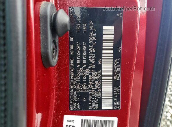 5TDYRKEC5NS125636 2022 TOYOTA SIENNA Red Widok naklejki z numerem VIN